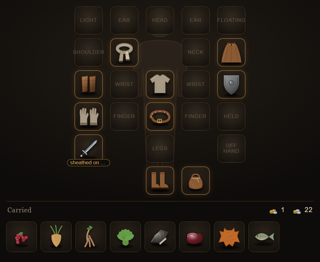 The gear window: a wool scarf, leather vambraces, wool gloves, a wool shirt, a leather cloak, a studded belt with a drawstring pouch hung from it, leather boots, a long sword and a round iron shield, each in its place around the shape of a body. Below, what is carried: berries, a wild onion, a mandrake root, dandelion greens, a flint shard, a venison steak, a fox pelt and a trout, each with a picture of its own.