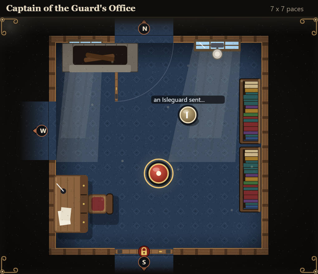 The room map of the Captain of the Guard's Office in the morning: daylight falls through the windows across a patterned blue carpet, leaning to the west, past a cold hearth, two bookshelves, a desk with papers and a chair, and a guard standing in the room.