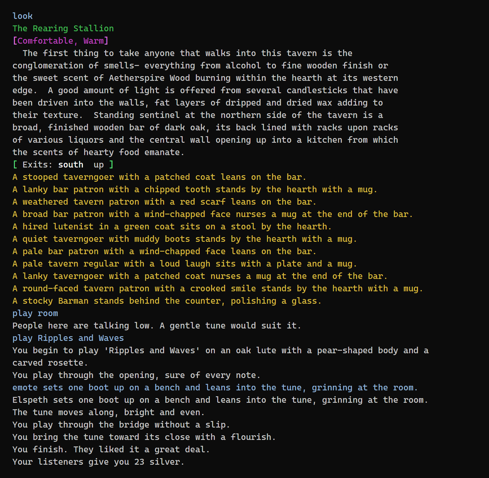 The Rearing Stallion on an evening: a dozen patrons at the bar and the tables and a hired lutenist by the hearth. The player asks what the room wants to hear and is told a merry tune would suit it, plays Good Cheer on an oak lute through four passages with a pose between them, and is given 23 silver by the listeners.