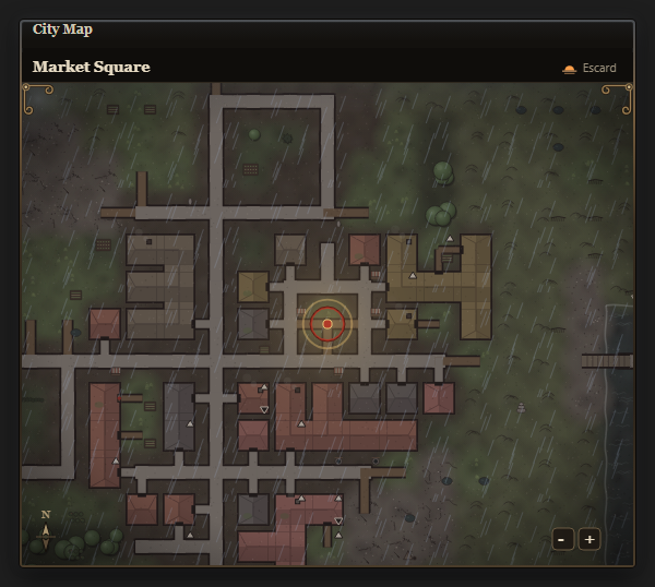 The city map: the streets and houses of Escard around Market Square, with the player's place marked in red.