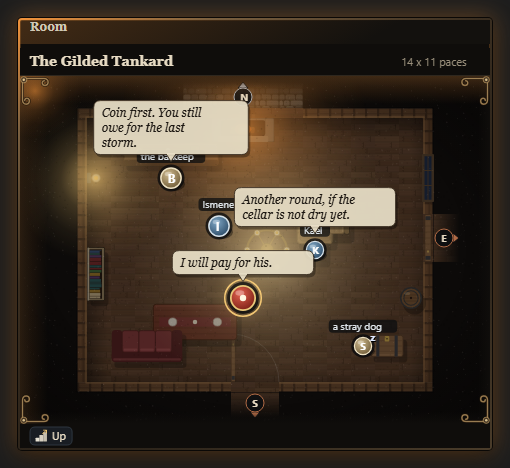 The room map of a tavern at night: a fire, tables and a counter, the people in the room marked where they stand, and what they say in bubbles over them.