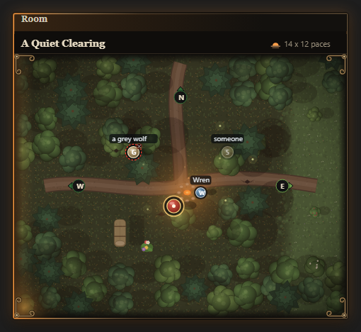 The room map of a forest clearing at dusk: trees all around, paths leading north, east and west, a campfire, and a wolf at the edge of the clearing.